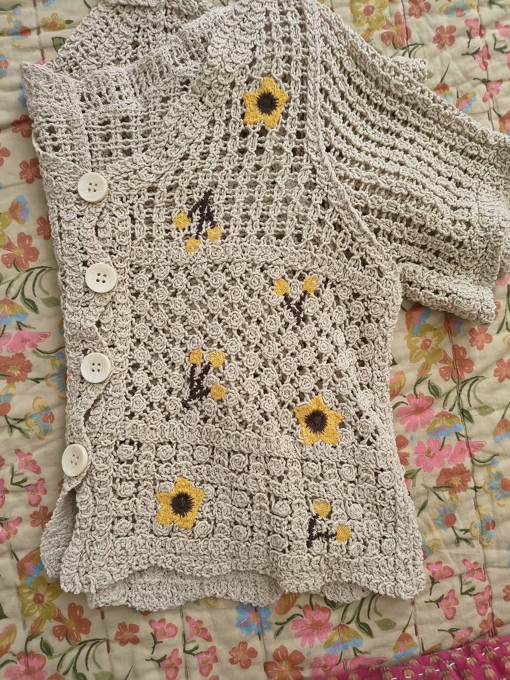 Hand-Crocheted Cream Floral Button-Front Sweater
